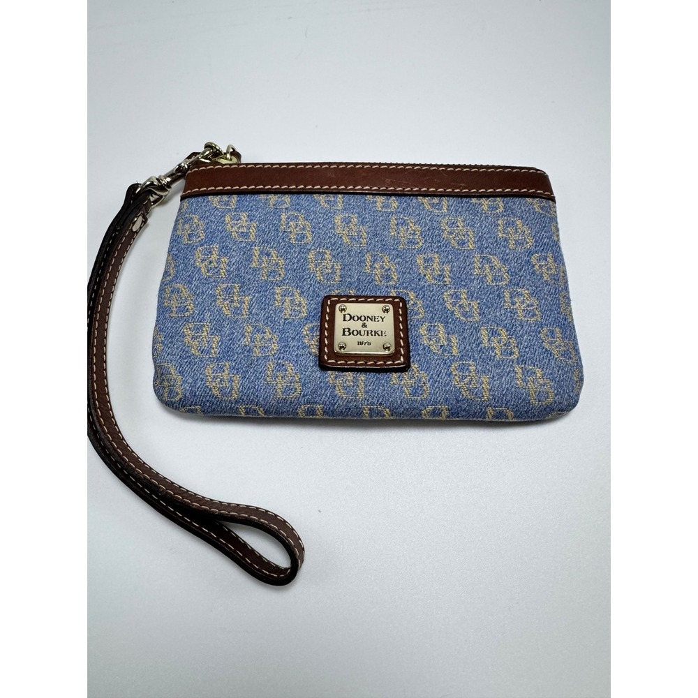 Dooney & Bourke Blue Denim Monogram Wristlet Pouch Brown Leather Trim Logo NWOT